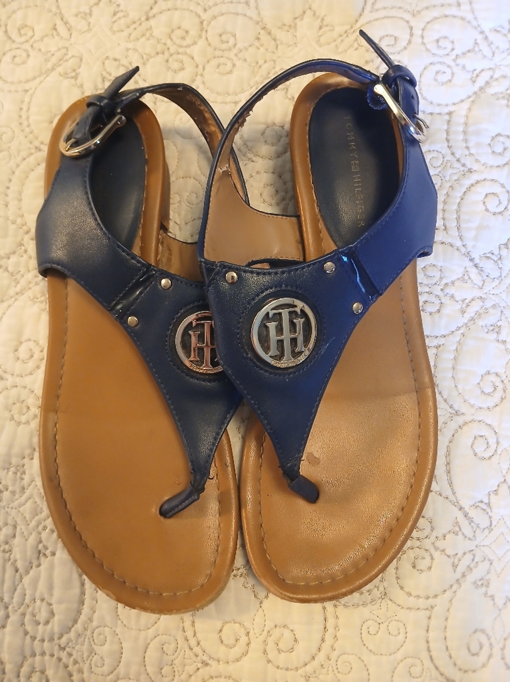 Tommy Hilfiger Navy Leather Thong Sandals